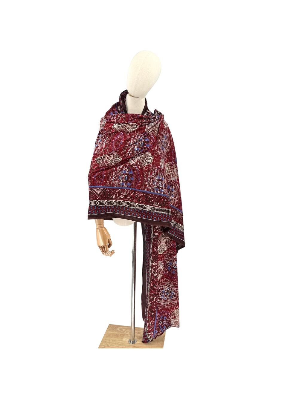 Vintage 90s Maroon Blue 100% Cotton Batik Geometric Boho Shawl Wrap